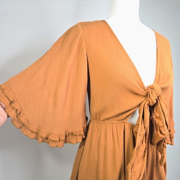 HYFVE Rust Orange Brown Ruffle Bell Sleeve Front Knot Romper - Picture 6 of 9